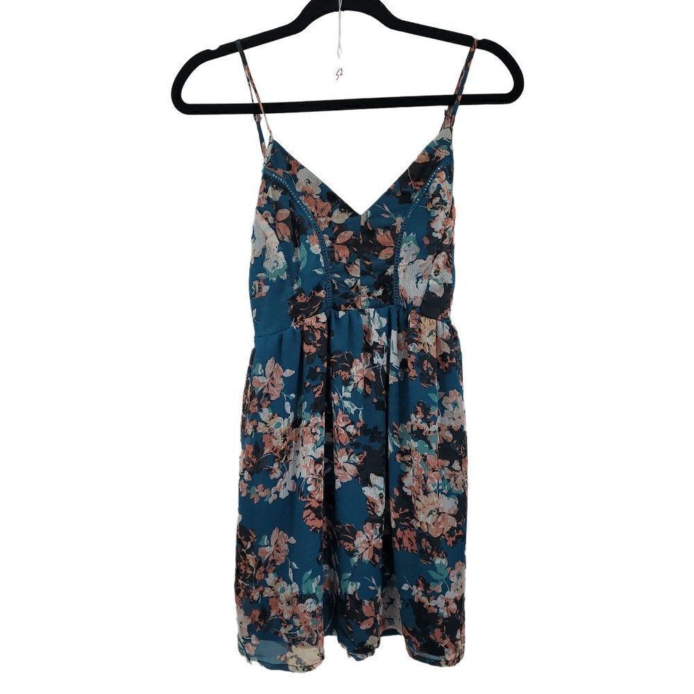 Womens Baby Doll Dress Sz XS Mini Sweetheart Sheer Floral‎ Blue Smocked Ruffle
